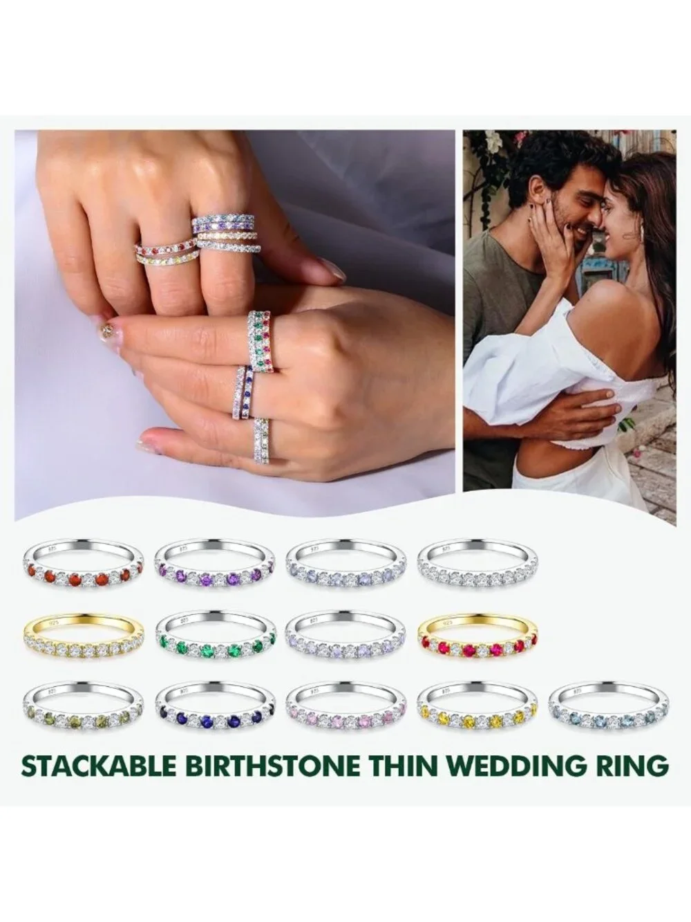 Stackable Birthstone Eternity Band Ring - 925 Silver/Gold-Plated, Size 6-10